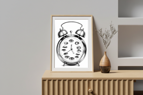 Surreal Alarm Clock Fine Art Poster — Eye Motif Wall Art